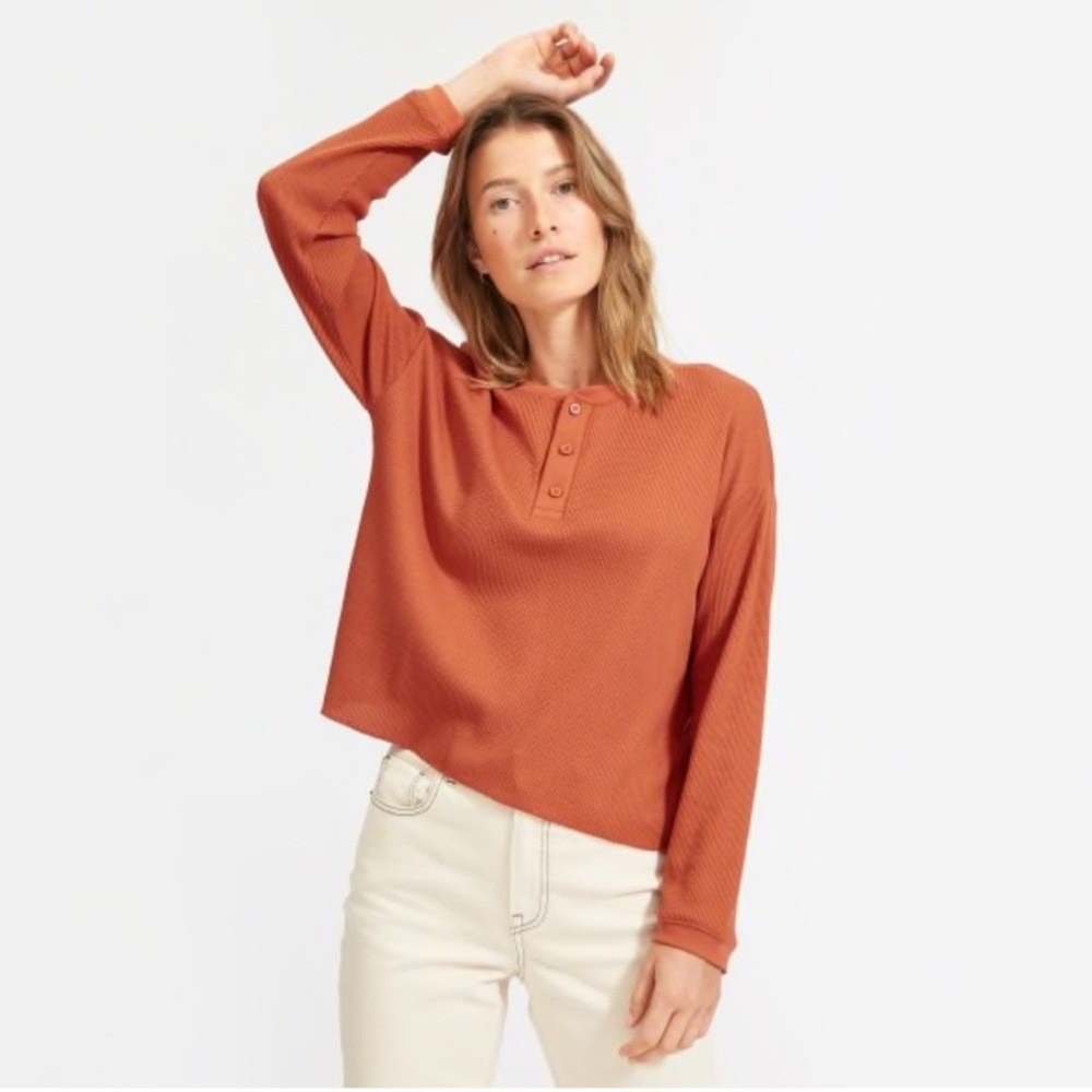 Everlane XXS Waffle Henley Knit Long Sleeve Top Tee T-shirt Orange NWT